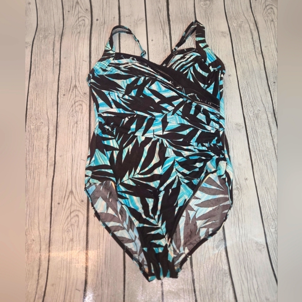 Miraclesuit One Piece Swimsuit Aqua Blue and Brown Tropical 16w